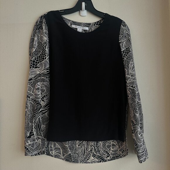 Diane Von Furstenberg black and cream long sleeve 100% silk top. Size 0. - Picture 1 of 11